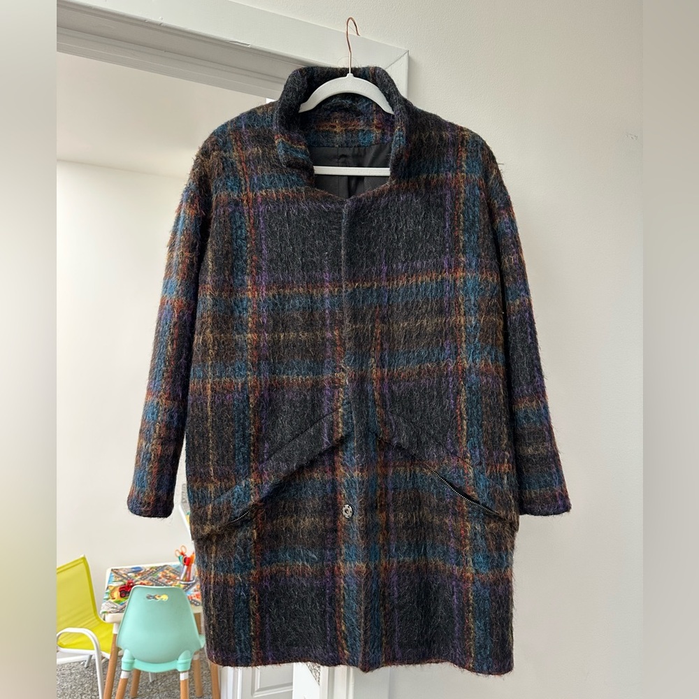 New Fuzzy Mohair Plaid Charcoal Gray Long Jacket / Coat